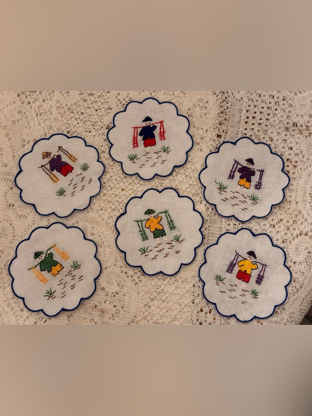 Vintage Hand-Embroidered Linen Cocktail Coasters – Asian Men - Set of 6